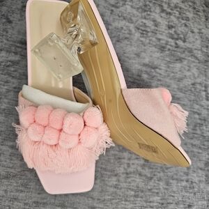 Pink Pom-Pom Slip-On Heeled Mules
